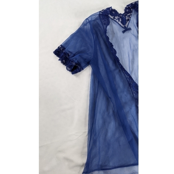 VTG Sheer Blue Lace Open Front Nightgown Cover Up Robe With Bow - Picture 1 of 13